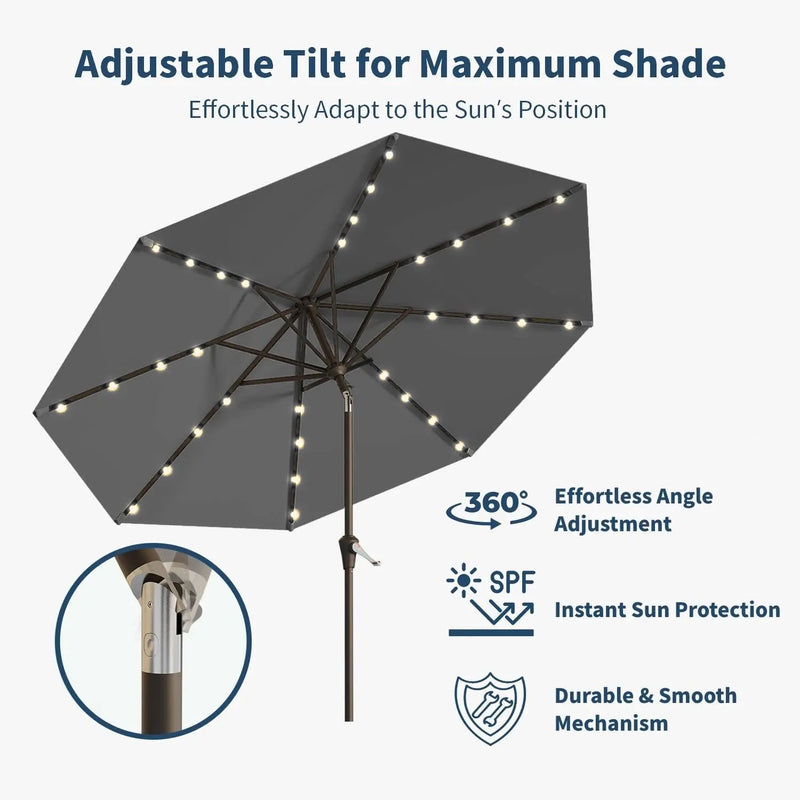 9FT Solar Umbrella 32 LED Lighted Patio Umbrella Table Market Umbrella w/Tilt and Crank, UV-Resistant Outdoor Umbrella for Pool, Garden, Deck, Gray by GreenHaven Gardens