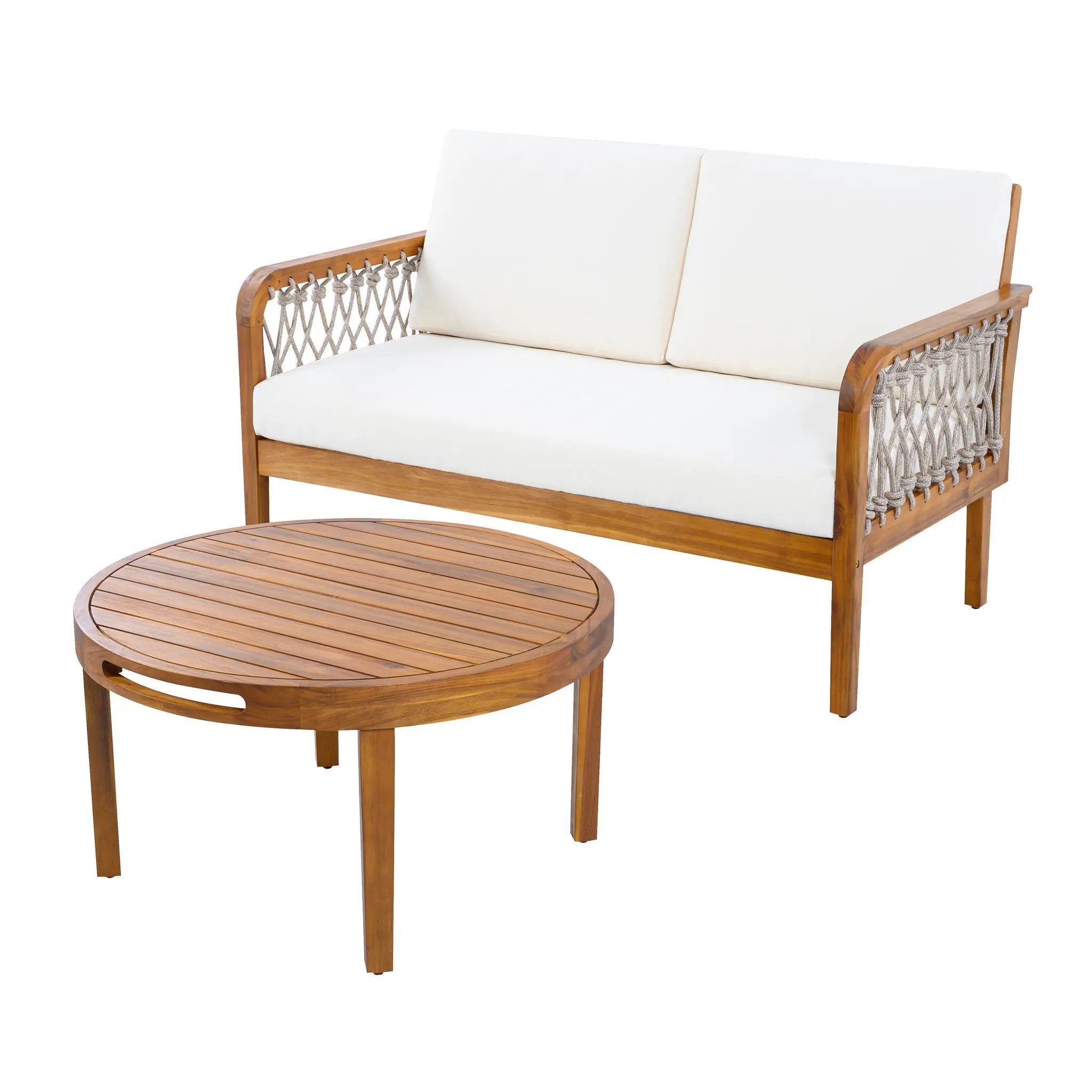 Outdoor Acacia Wood Loveseat & Coffee Table Set with Handwoven Rope, Teak Finish by HouseOfZazla