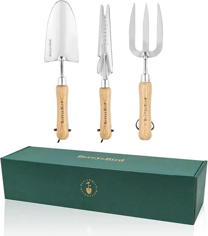 Berry&Bird Gardening Hand Tool Set - 3PCS Stainless Steel Garden Tool Kit Multifunctional Tool with Wooden Handle Trowel, Fork & Weeder for Weeding Planting Transplant, Ideal Garden Gift for Women&Men by GreenHaven Gardens
