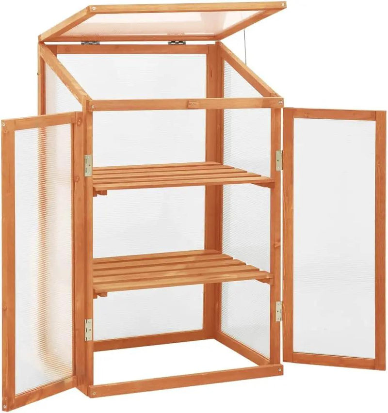 Solid Firwood Garden Portable Wooden Greenhouse with 2 Shelves and Open Bottom, Mini Greenhouse Cabinet 23.6"x17.7"x39.4"/Brown by GreenHaven Gardens