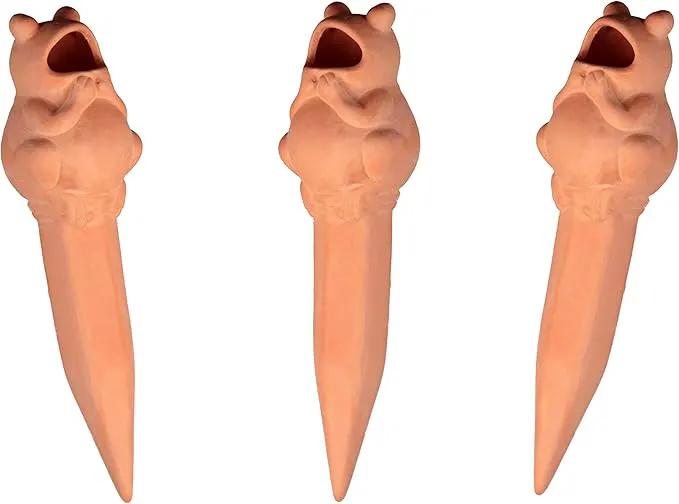 Terracotta Plant Self Watering Spikes - Set of 3 Terracotta Self Watering Bulbs, Self Watering Stakes, Self Watering Globes for Pot Plants (Frogs Plain, Large) by GreenHaven Gardens