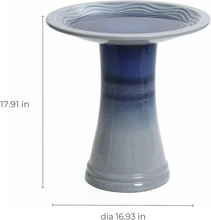 LuxenHome 18 Inch Ceramic Bird Bath for Outside, Elegant Tall Outdoor Bird Bath, Lightweight Pedestal Glazed Birdbaths for Outdoors with Swirl Pattern, Ombre Blue by GreenHaven Gardens