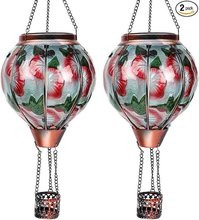2PC Hot Air Balloon Solar Lantern with 2PC Shepherd Hook, Flickering Flame Hanging Solar Lanterns Outdoor Lights Waterproof Lanterns for Garden Patio Yard Party Decor (Hummingbirds & Flowers) by GreenHaven Gardens