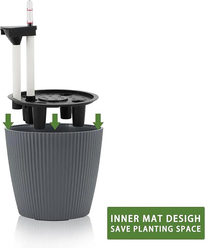 Dexceder 9x8 Self Watering Planters Indoor, Inner Mat Design, Table Flower Plant Pot with Water Level Indicator (2 Pack, Gray) by GreenHaven Gardens