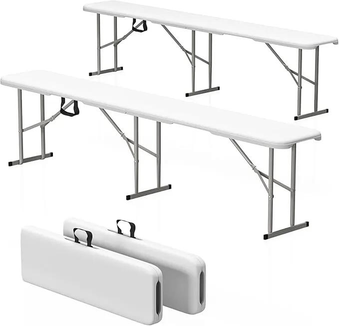 6ft HDPE Folding Bench, Foldable Seat with Sturdy Frame and Security Lock for Indoor and Outdoor, Multipurpose Entertaining Activities, Portable and Easy to Store, 2 Pack, White by GreenHaven Gardens