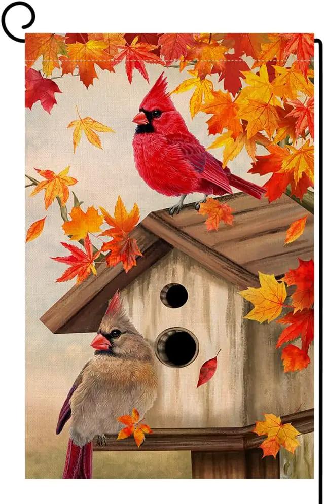 BLKWHT Fall Cardinal Bird Garden Flag 12x18 Vertical Double Sided Maple Leaves Welcome Autumn Thanksgiving Holiday Outside Decorations Burlap Yard Flag BW829 by GreenHaven Gardens