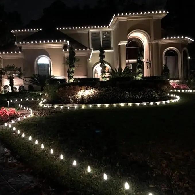 C9 Christmas Pathway Lights with Stakes,Cold White,2 Pack Total 60 Ft 40 Strawberry LED Bulbs,Connectable Shatterproof Outdoor Lights Marker for Xmas Yard Garden Path Lawn Walkway Sidewalk by GreenHaven Gardens
