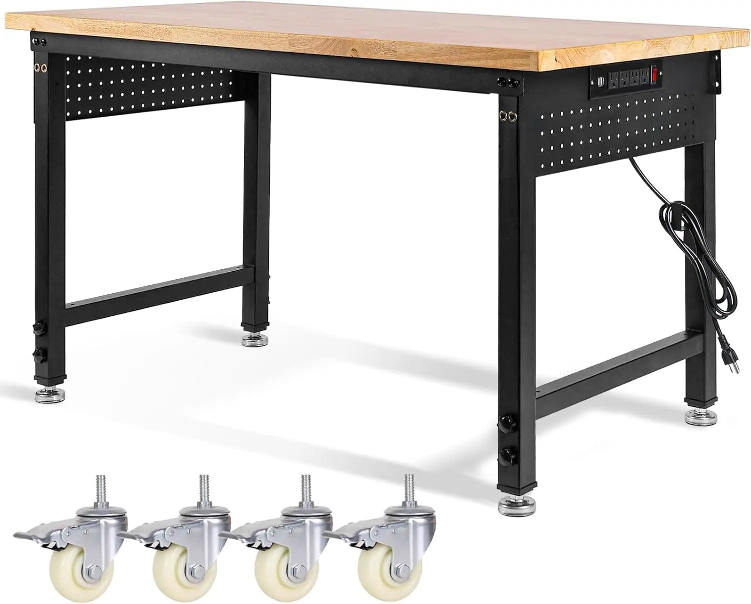 Adjustable Height Workbench, Heavy Duty Table Rubber Wood Workstation with Power Outlet & Pegboard for Garage, Office, Workshop, Home,Commercial (48"×24"|Wheels) by GreenHaven Gardens