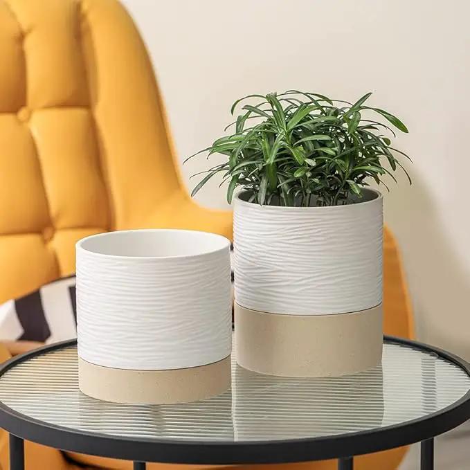 Nihow Self Watering Plant Pot: 6 Inch Ceramic Planter with Drainage Hole & Water Storage Plus for Indoor & Outdoor Plants - Cylinder Round Flower Pot for Succulent/Herbs/Violets - White & Brown by GreenHaven Gardens