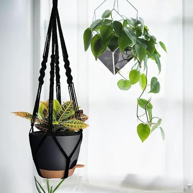 3 Pack Self Watering Hanging Planters Macrame Plant Hangers with Indoor Flower Pots, 3 Different Size Hanging Basket, Plant Hanger with Hooks for Garden Home Decor Black by GreenHaven Gardens