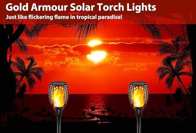 Gold Armour 2 Pack Solar Lights Upgraded - Flickering Flames Torch Solar Path Light - Dancing Flame Lighting 96 Led Dusk to Dawn Flickering Tiki Torches Outdoor Waterproof Garden by GreenHaven Gardens