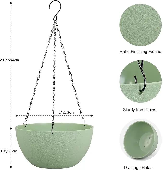 8 inch Small Hanging Planters Plant Pots for Indoor Outdoor Plants, 2 Pack Hanging Flower Pots with Drainage Holes and Chain for Garden Porch, Plastic Hanging Baskets for House Plants, Green by GreenHaven Gardens