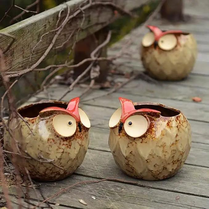 GeLive Owl Planter Ceramic Succulent Plant Pot Fun Animal Flower Container Decoration Tabletop Decor Windowsill Box with Drainage Hole (Round Owl Planter) by GreenHaven Gardens