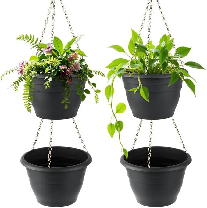 Hanging Planters 10 Inch, 4 Pcs Flower Pots with Drainage Hole, Self Watering Hanging Basket for Indoor Outdoor Plants, Decor, Gray by GreenHaven Gardens