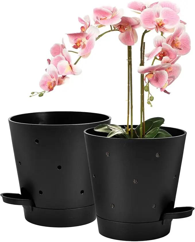 Orchid Pots with Holes, 6 Inch Self Watering Orchid Pot 2 Pack Plastic Plant Pots for Orchid, Flower (Black) by GreenHaven Gardens