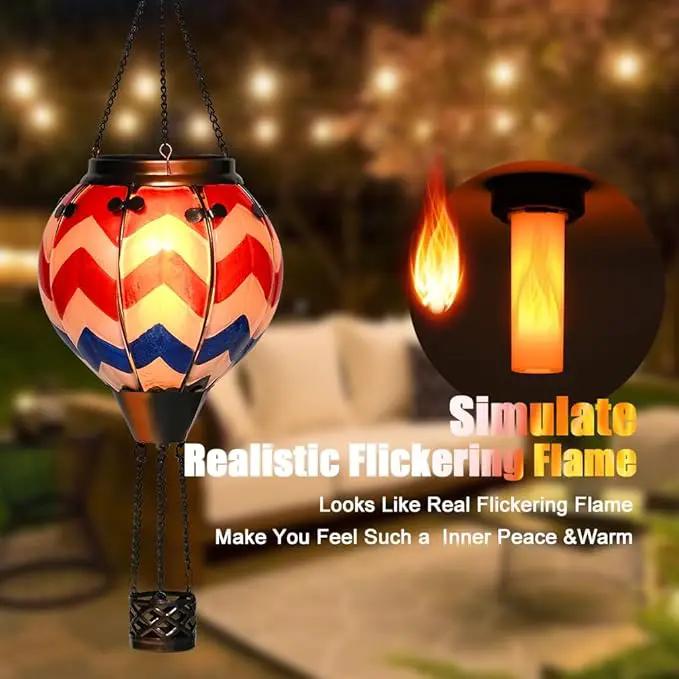 U.S Flag Hot Air Balloon Solar Lantern - Simulated Flickering Flame Stained Glass Light for Outdoor, Yard Hanging/ Waterproof IP65, Ideal 4th of July Gift for Patriot Veterans Patio Decor by GreenHaven Gardens
