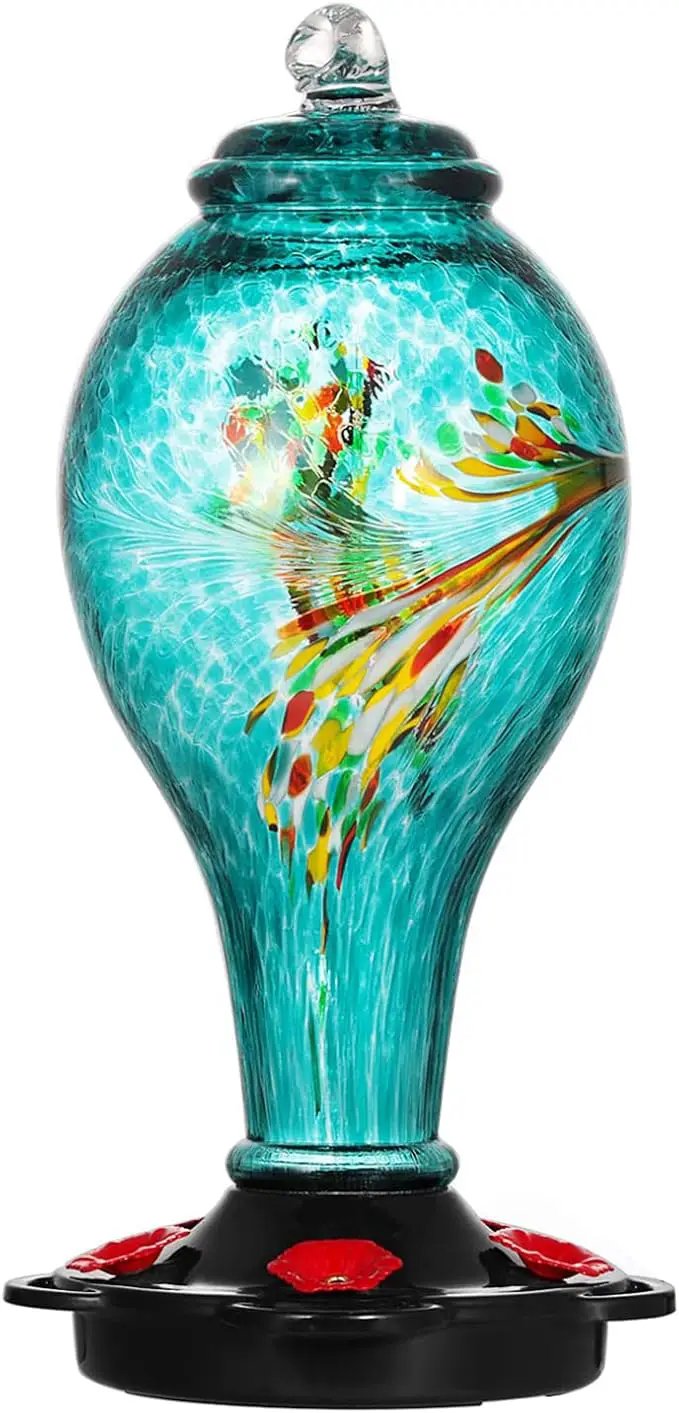LUJII Hummingbird Feeder, Hand Blown Glass Hummingbird Feeder, Never Fade, 36 Fluid Ounces, 5 Feeding Metal Stations, Much Bigger, Garden Backyard Decorative, Containing Ant Moat (Blue) by GreenHaven Gardens