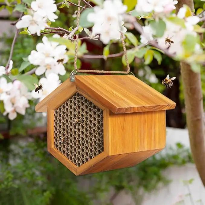 Mason Bee House Wax Coated Bee Hotel, Pollinator House Waterproof, Natural Handmade Wooden Mason Bee Hotel for Pollinating Bees Garden Supplies by GreenHaven Gardens