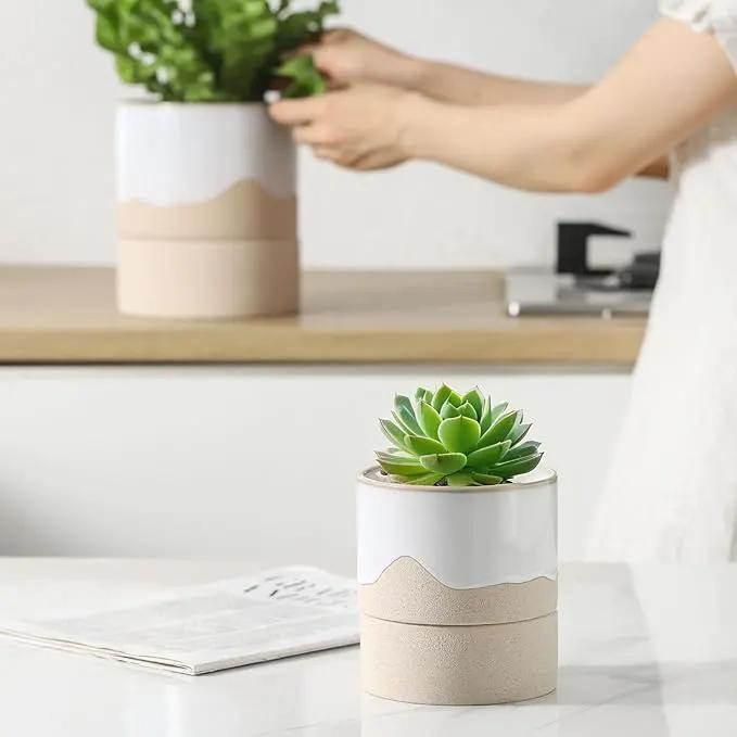 Nihow Self Watering Plant Pot for Indoor Plants: 4.5+6 Inch Ceramic Planter with Drainage Hole & Water Storage Plus - Cylinder Flower Pot with Wick for Herbs -White & Nature by GreenHaven Gardens