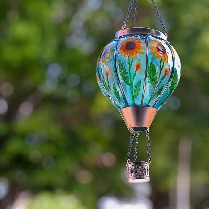 Starsoul Sunflower Hot Air Balloon Solar Lantern - Glass Outdoor Flickering Flame Light, Waterproof Hanging Lamp for Garden, Patio, Yard, Party Decor by GreenHaven Gardens