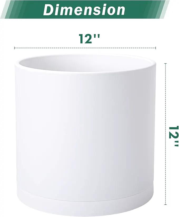 D'vine Dev 2 Pack 12 Inch Modern Plastic Plant Pots, Small Garden Planters for Plant with Drainage Holes and Saucers, White Color, 74-Z-P-1 by GreenHaven Gardens