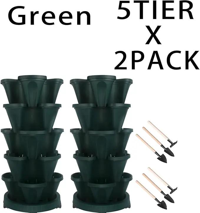 Vertical Planter 5 Tier Stackable Planters Garden Planters Strawberry Herb Flower and Vegetable Planter Indoor Outdoor Gardening Pots with Removable Wheels and Tools 2-Pack by GreenHaven Gardens