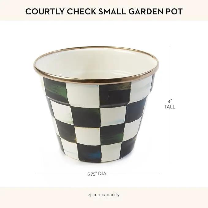 MACKENZIE-CHILDS Enamel Garden Pot, Planting Pot for Plants and Flowers, Small, Black-and-White Courtly Check by GreenHaven Gardens