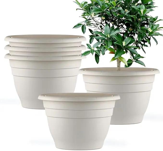 5-Pack 10 inch Garden Pots, Round Flower Pots with Drainage Holes, Thick Sturdy Traditional Plastic Planters Indoor and Outdoor(White) by GreenHaven Gardens