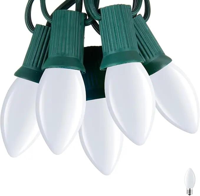 C7 Pure White LED Christmas Lights, 50Ft Vintage String Lights with 50+2 Plastic Bulbs, E12 Candelabra Base, Outdoor Retro Style Hanging Lights for X-mas Patio Fence Roofline Holiday by GreenHaven Gardens