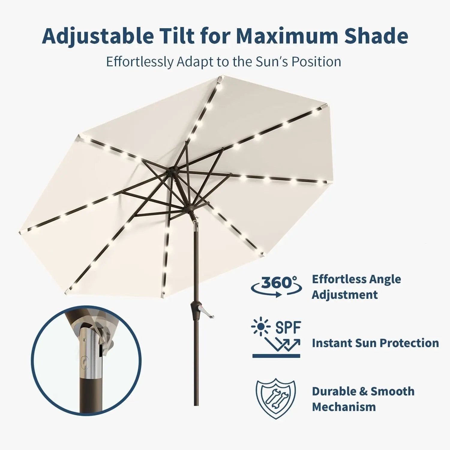 9FT Solar Umbrella 32 LED Lighted Patio Umbrella Table Market Umbrella w/Tilt and Crank, UV-Resistant Outdoor Umbrella for Pool, Garden, Deck, Creamy White by GreenHaven Gardens