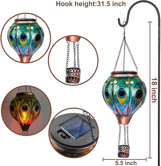 2PCS Solar Hot Air Balloon Lanterns with Flame with Shepherd's Hooks, Glass Hanging Flickering Lights Outdoor Waterproof for Garden Tree Yard Patio Mother's Day Gift, 18" H Peacock Green by GreenHaven Gardens