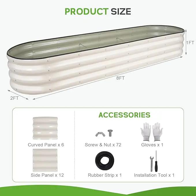 Galvanized Raised Garden Bed - 8×2×1ft Planter Raised Beds for Gardening | Oval Metal Garden Planter Box with Safety Edging and Bracing Rods for Vegetables Fruits and Flowers (White) by GreenHaven Gardens