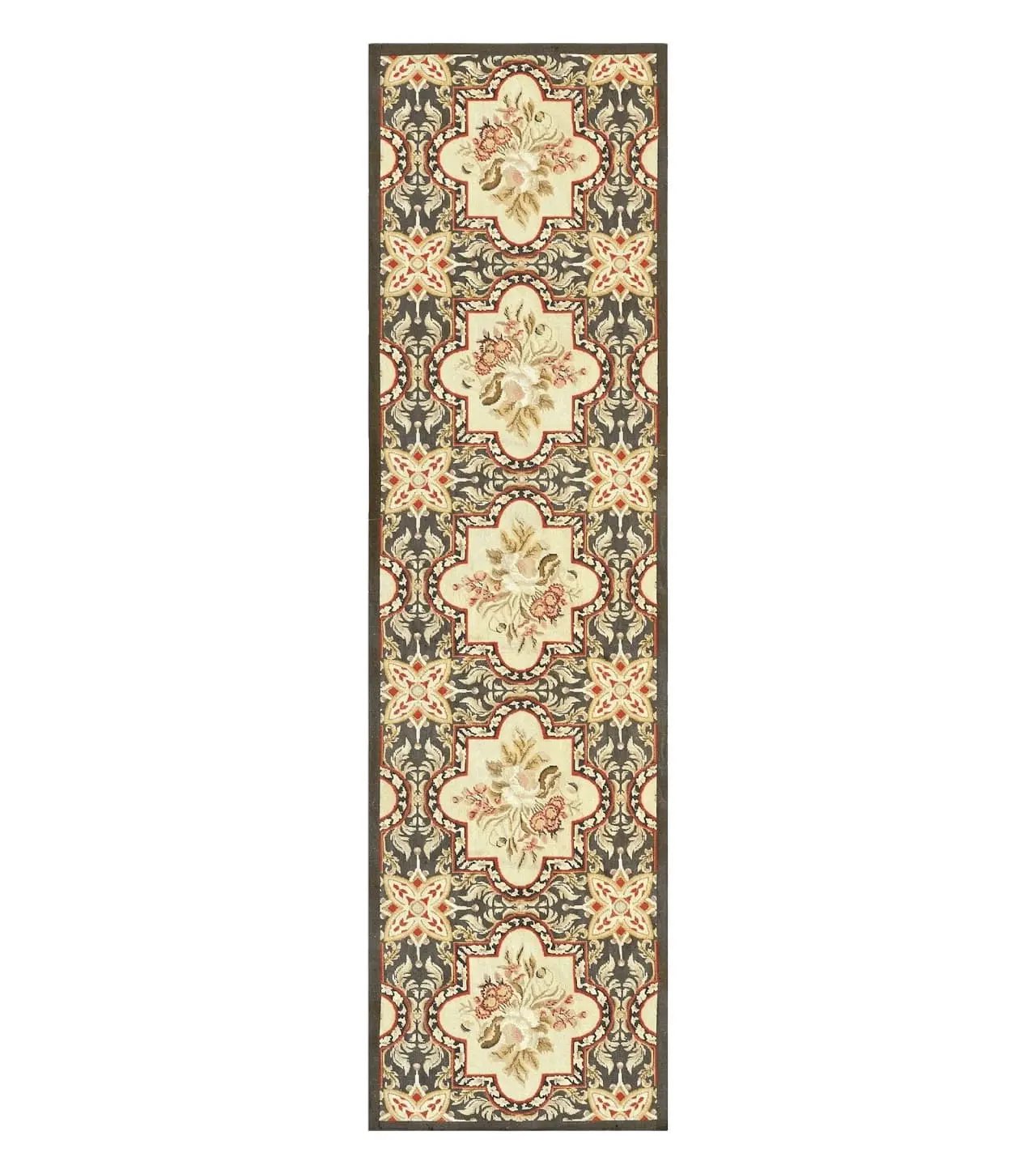 Needlepoint Runner Rug 2.8 x 9.8, Brown and Beige, Handwoven Handmade Floral French European Design, Vintage Flatweave 10ft Wool Runner Rug by Jewel Rugs