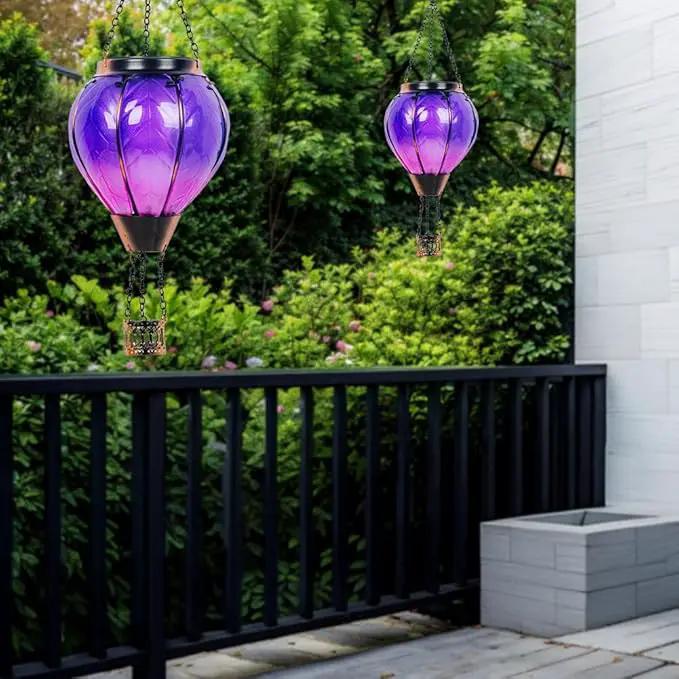 Starsoul Purple Hot Air Balloon Solar Lantern with Flickering Flame Light Glass Solar Powered Hot Air Balloon Lamp Waterproof Hanging Hot Air Balloon Led Lights by GreenHaven Gardens
