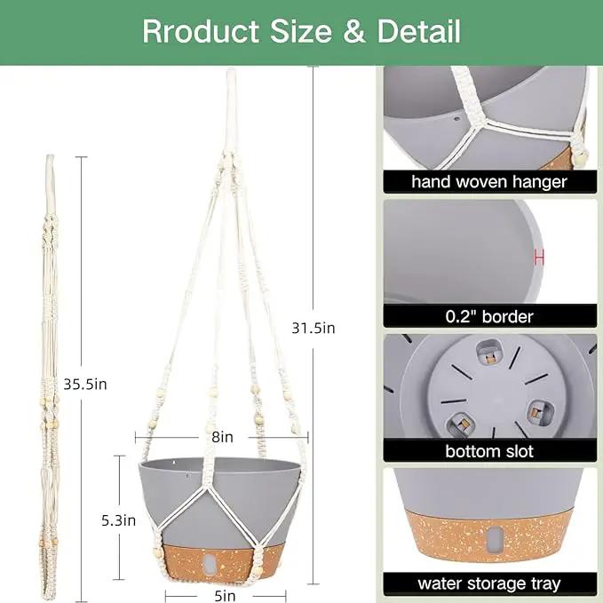 QCQHDU 2 Pack Hanging Planters for Indoor Plants, Outdoor Hanging Baskets, Self Watering Pots with Drainage Holes & Removable Tray (Light Grey, 8 inch, Macrame Hanger) by GreenHaven Gardens