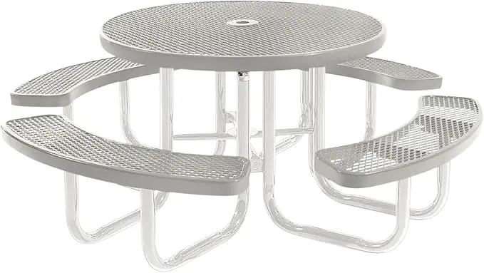 Heavy-Duty Portable Outdoor Picnic Table with Umbrella Hole, Expanded Metal Commercial-Grade Patio Furniture Made in America (46" Round Top, Grey with Grey Frames) by GreenHaven Gardens