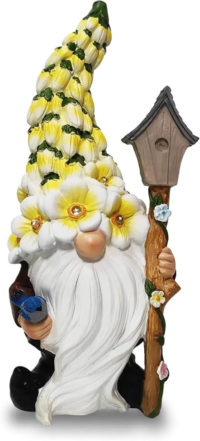 Solar Gnome Statue with Flower Hat - Solar Resin Garden Outdoor Statue Sculpture,Whimsical Gnome Figurine for Woman Gift Home and Garden Decor by GreenHaven Gardens