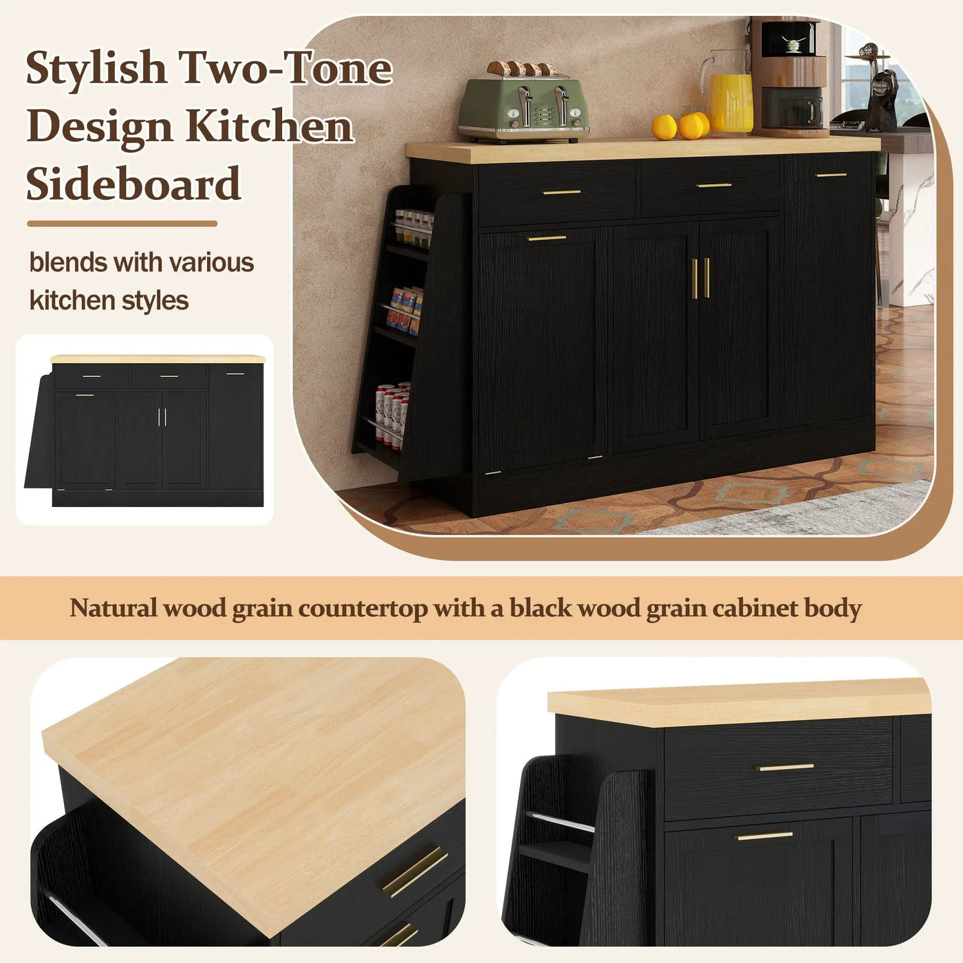 Kitchen Sideboard With Sliding Door Cabinet, 3 Tier Spice Rack by HouseOfZazla