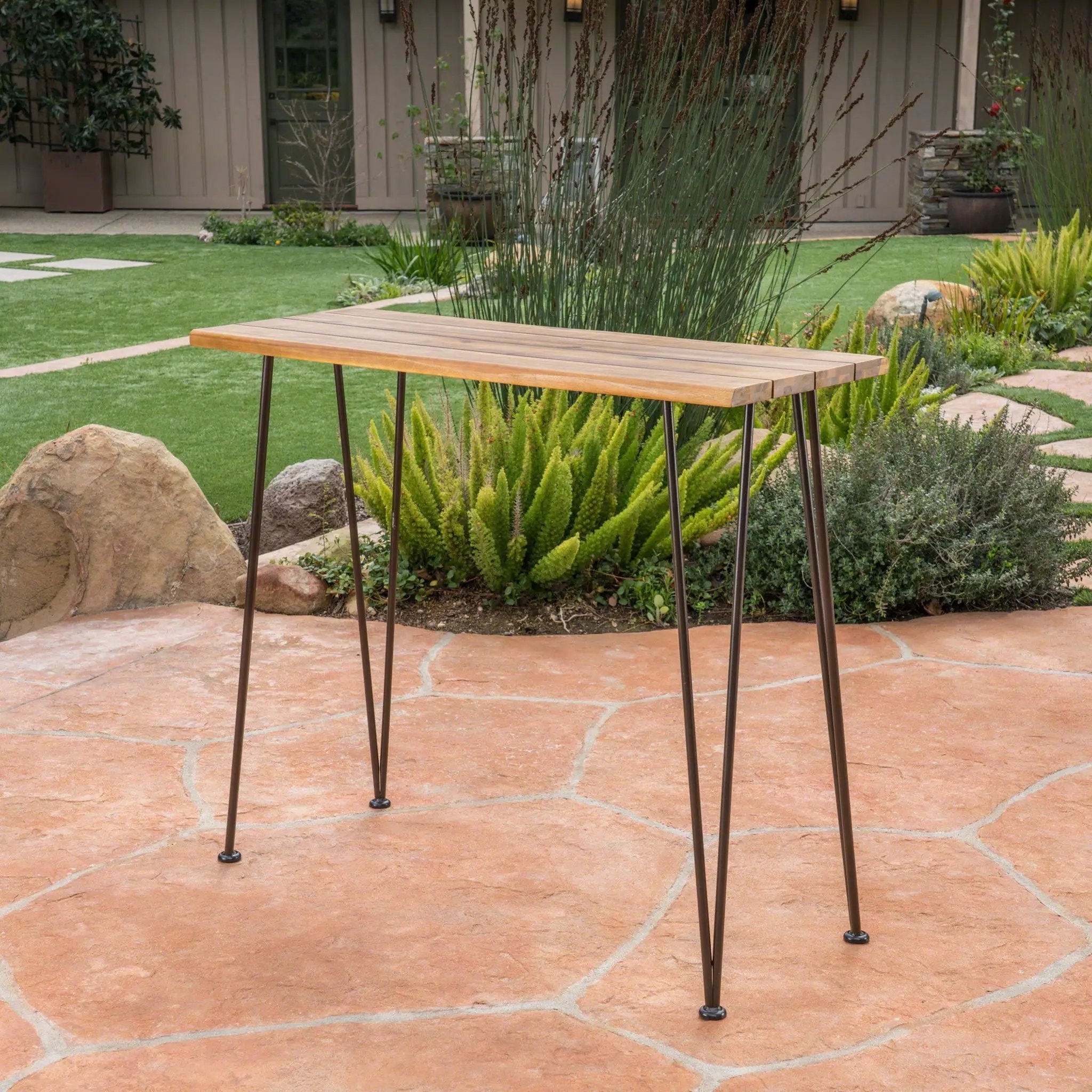 Outdoor Bar Table with Wood Tabletop and Iron Hairpin Legs - Black / Teak by HouseOfZazla