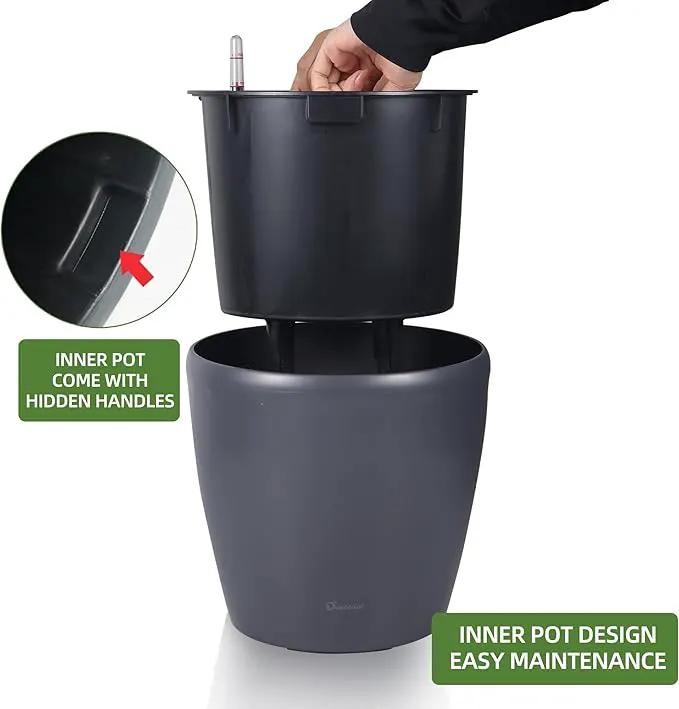 Dexceder 11x10 Inches Self Watering Planter Indoor Outdoor, Inner Pot Design, Thickened Table Flower Plant Pot with Water Level Indicator (Slate Gray Matte) by GreenHaven Gardens