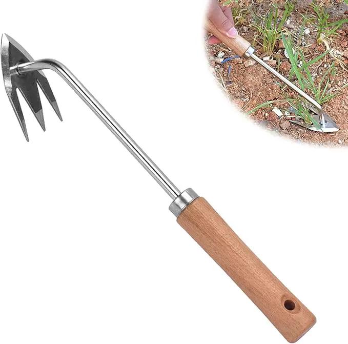 Amposei Stainless Steel Multifunctional Weeder, Hand Weeder Tool Stand Up Weed Puller Tool with Long Handle, V-Shaped Light Duty Hand Weeder for Lawn Garden Yard Farmland Weed Removal (Wood Handle) by GreenHaven Gardens