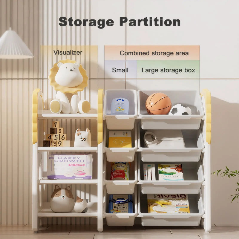 Kids Bookshelf And Toy Storage, 4 Tier Toy Organizers With 8 Removable Storage Bins, Kids Toy Storage Organizer For Study Room - Gray / White / Yellow by HouseOfZazla