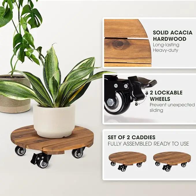 Idzo 2-Pack 14 Inch Acacia Wood Rolling Round Plant Caddy, Plant Caster for Heavy Duty Plant Stand with 360° Lockable Wheels, 264 lbs Capacity Caddy for Indoor and Outdoor Use, Natural Wood by GreenHaven Gardens
