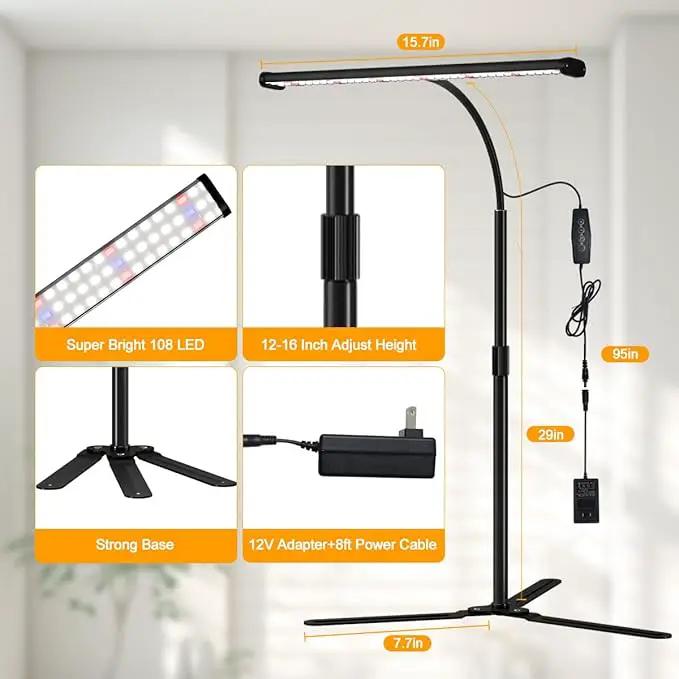 Super-Bright Grow Light for Indoor Plants, 6000K 108LEDs Full Spectrum Plant Lamp with Timer 4/8/12Hrs & Height Extendable for Home Office Desktop Plants, 12V 3A High Power Output for Faster Growth by GreenHaven Gardens
