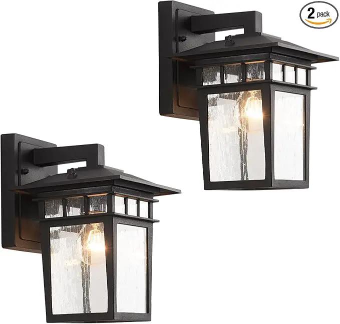 Outdoor Wall Lantern, Exterior Lighting Fixtures Wall Mount, 2 Pack Black Outdoor Sconce with Seeded Glass, Exterior Porch/Patio Lights for House Front Door Garage by GreenHaven Gardens
