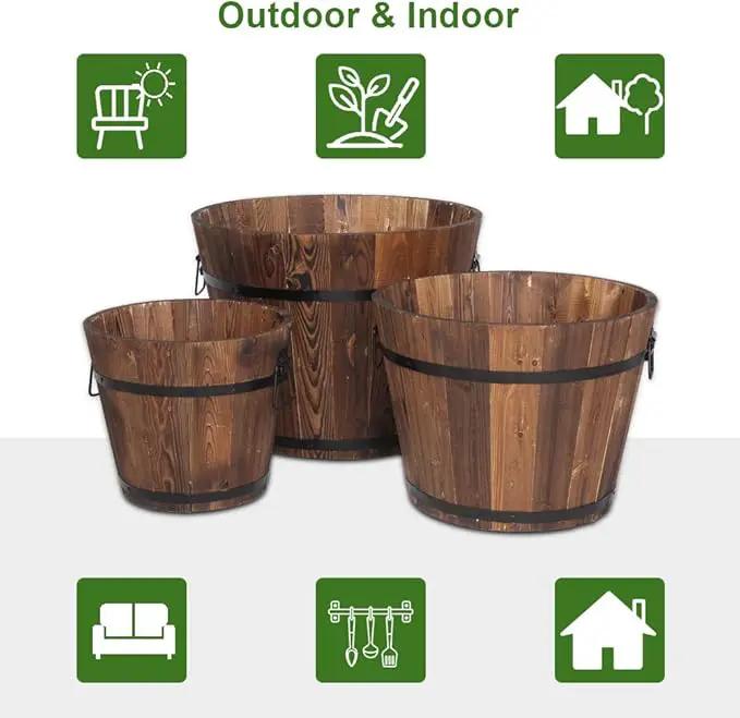 3 Pcs Wooden Planter Barrel Set, Outdoor Flower Pots with Handle & Drainage Holes, Rustic Whiskey Barrel Planter for Plants, Herbs, Veggies, Indoor Outdoor Use by GreenHaven Gardens