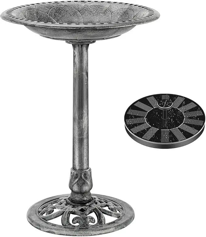 VIVOHOME Polyresin Antique Outdoor Gray Garden Bird Bath and Solar Powered Round Pond Fountain Combo Set by GreenHaven Gardens