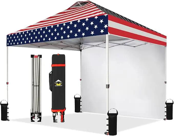 CROWN SHADES 10x10 Pop Up Canopy with 1 Side Wall - Beach Tent with One Push Setup - Outdoor Sun Shade for Events, Parties, Camping - Gazebo with STO-N-Go Cover Bag (American Flag) by GreenHaven Gardens