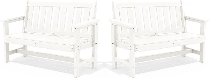 SERWALL Outdoor Bench, HDPE Outdoor Benches Weatherproof, 2-Person Garden Bench with 660 lbs Weight Capacity, Patio Benches for Outdoors, Garden, Porch, Backyard and Park, White, 2 Pack by GreenHaven Gardens