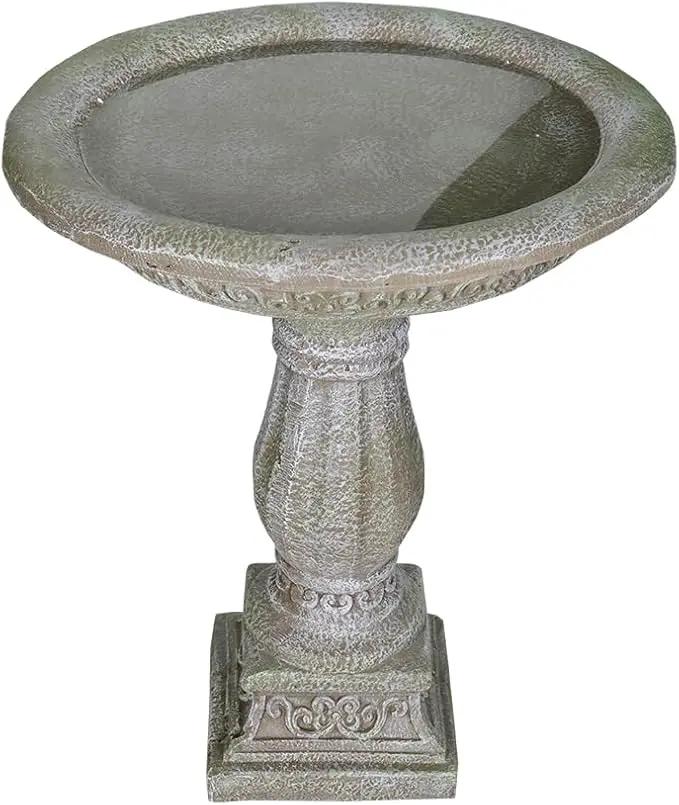 SunJet 23.8 Inch High Concrete Bird Bath with Carved Pedestal – Birdbath Sturdy & Elegant Design, Stone-Like Texture, Attracts Birds and Enhances Garden, Patio, Yard, Lawn Decor by GreenHaven Gardens
